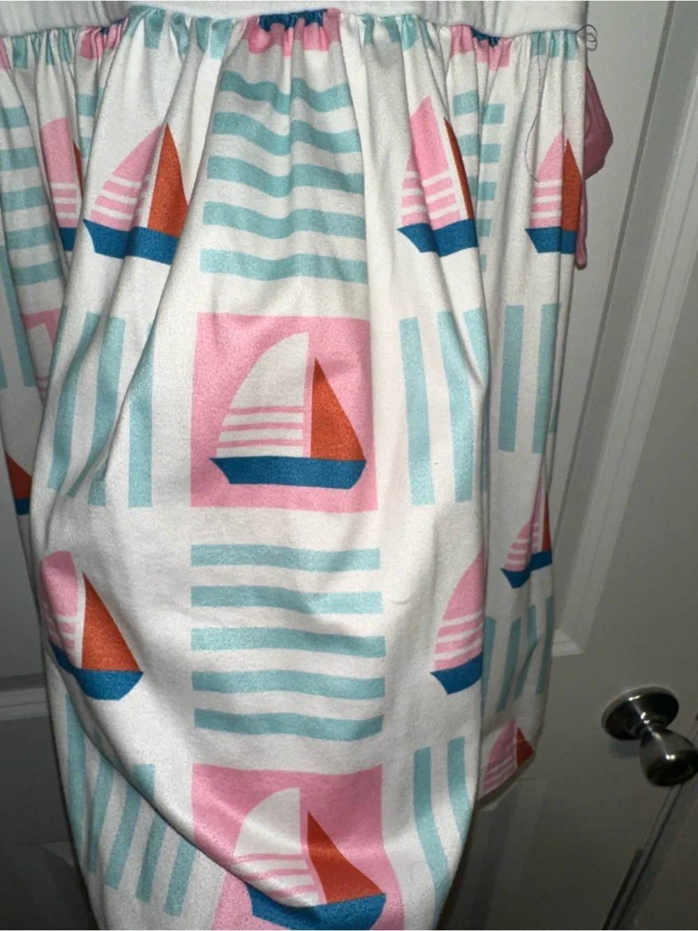 Mini Boden White Sailboat Print Tie-Waist Kids Dress - Pink & Aqua